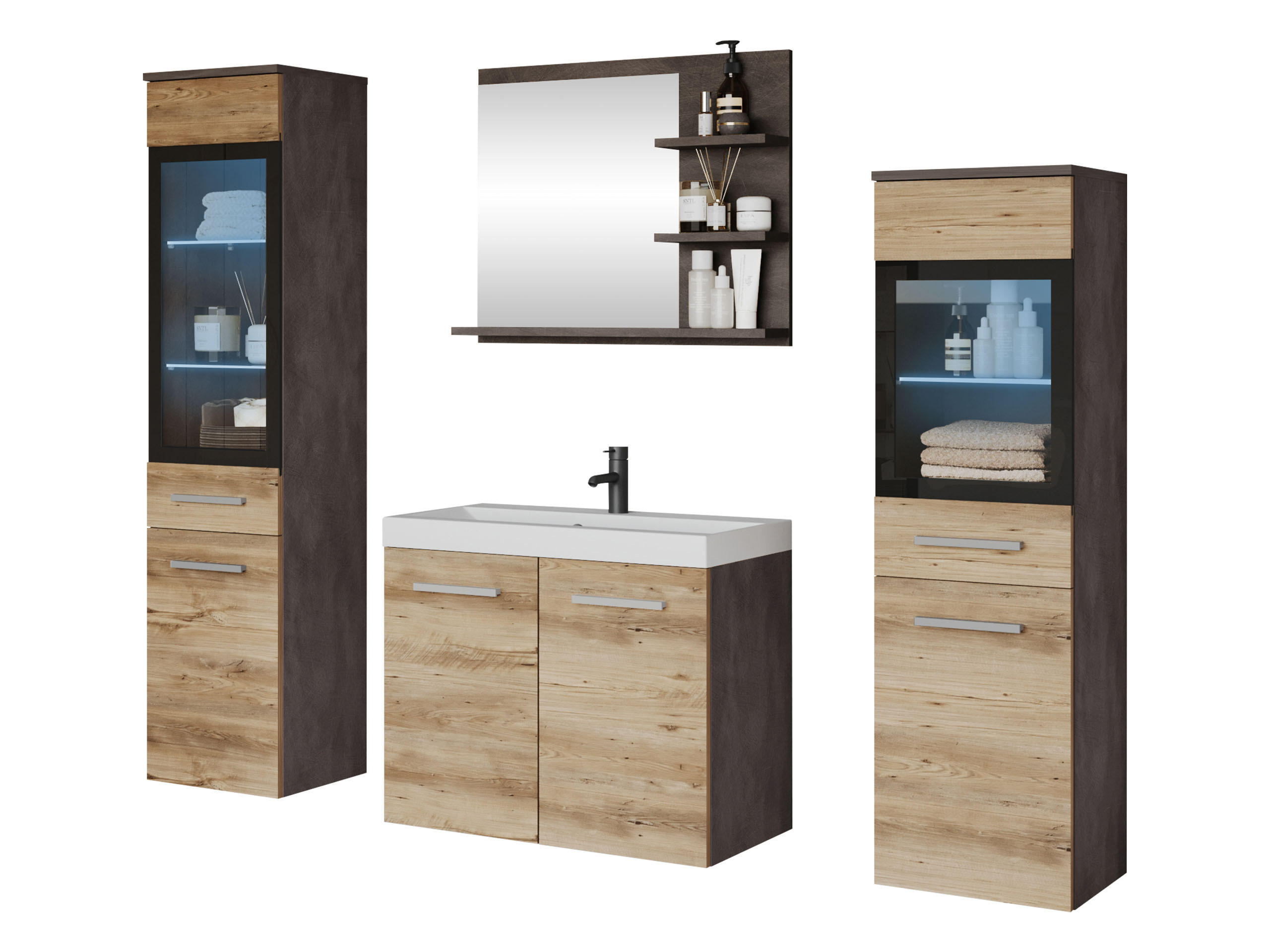 BADMÖBEL-SET Madrit I mit RGB LED Beleuchtung - Braun/Grau, Holzwerkstoff (30/132/30cm) - MIRJAN24