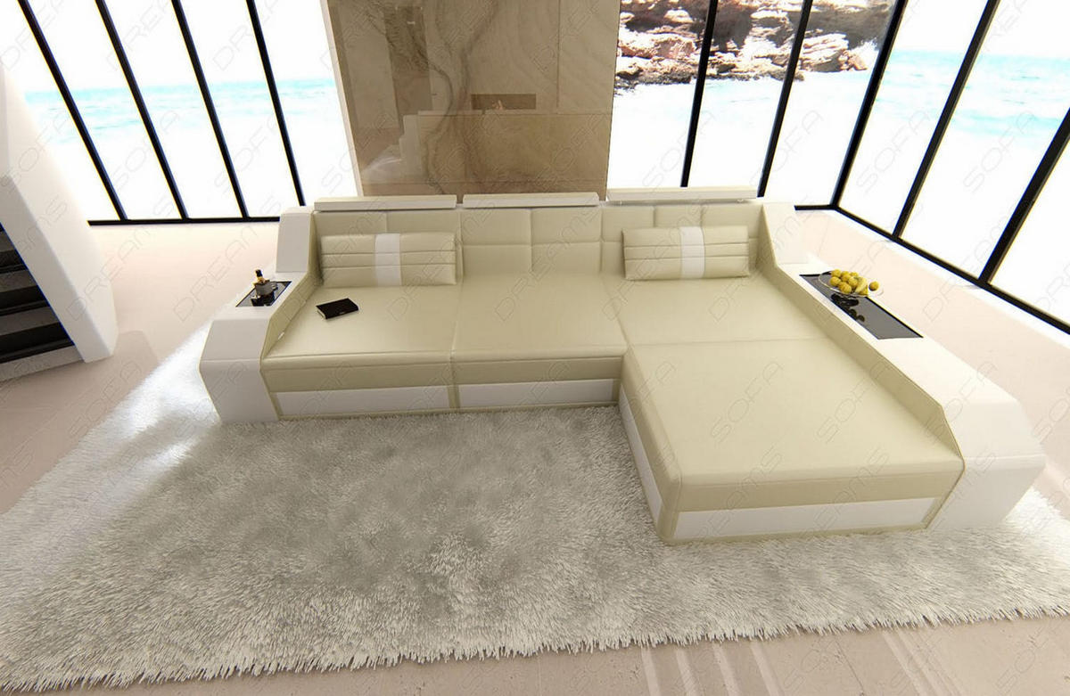 COUCH Arezzo L Beige Weiß Ledermix - Beige, Textil (308/194cm)