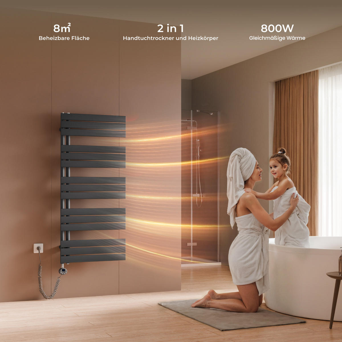 HANDTUCHHEIZKÖRPER 132/60 cm anthrazit elektrisch 800 W mit WLAN-Thermostat - Anthrazit, Metall (60/132/5.9cm) - S'AFIELINA