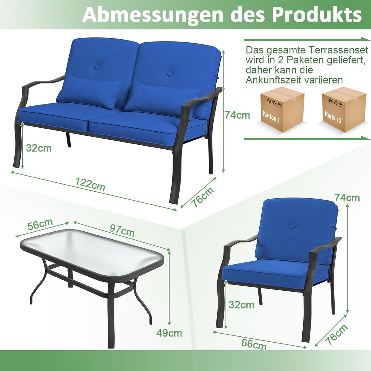 GARTENMÖBEL SET Blau(4-teilig) - Blau, Metall - COSTWAY