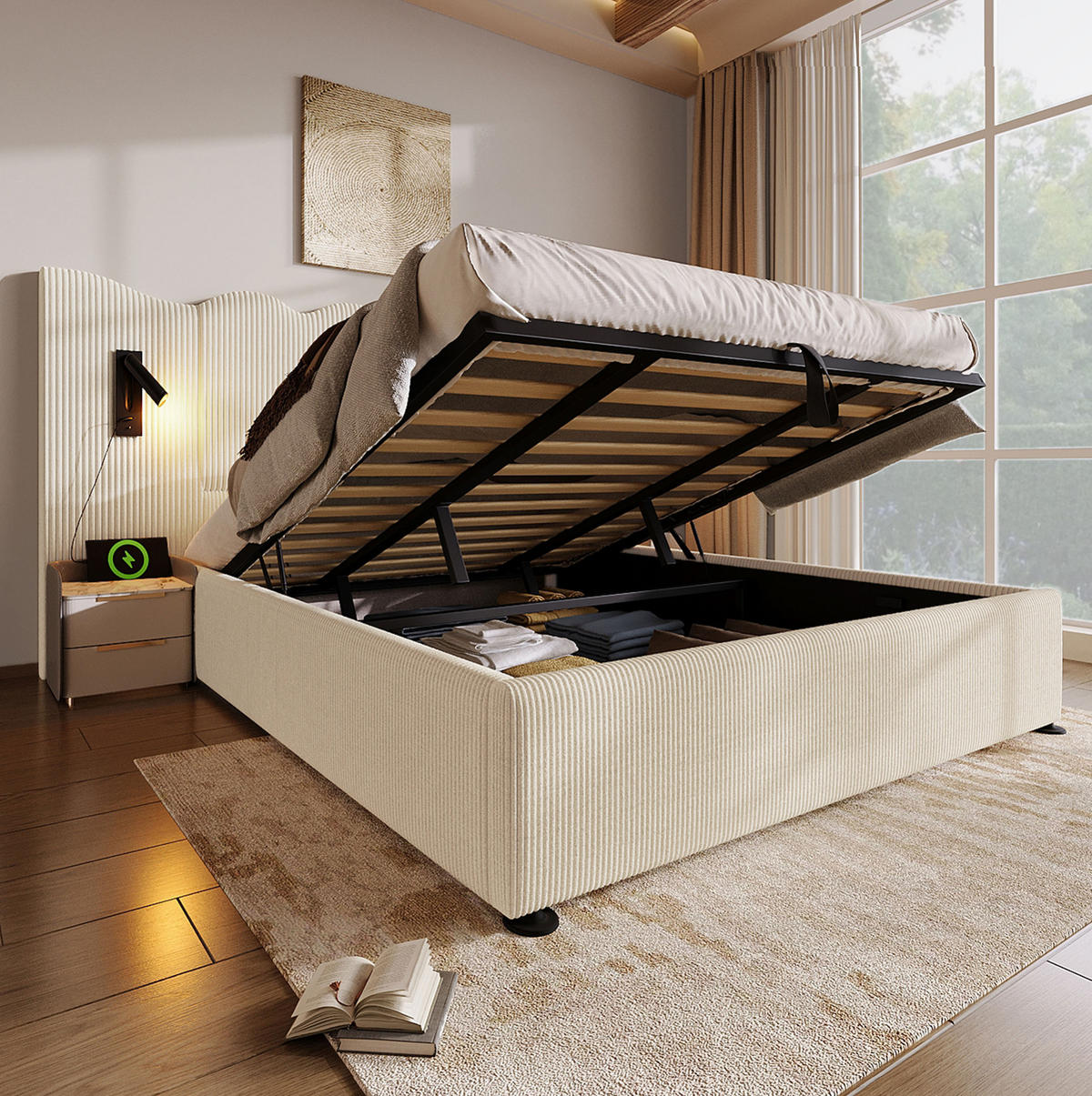 BETT mit Stauraum 180x200 cm Cord Beige-Weiß - Beige, Metall (180/200cm) - Meubliv