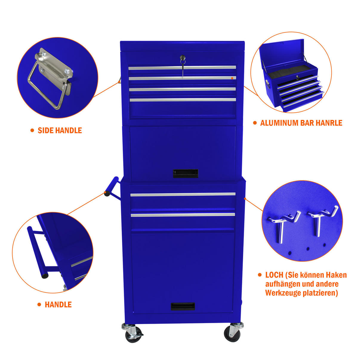 KOMBINATIONSKOFFER – mit 6 Schubladen und 4 Lenkrollen (blau) - Blau, Metall (33/110/60cm) - DCA