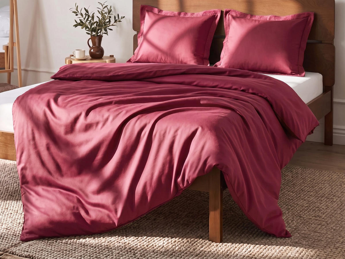 BETTWÄSCHE-SET 150/200 cm Baumwollsatin Burgunderrot Parkrose - Dunkelrot, Textil (150/200cm) - Beliani