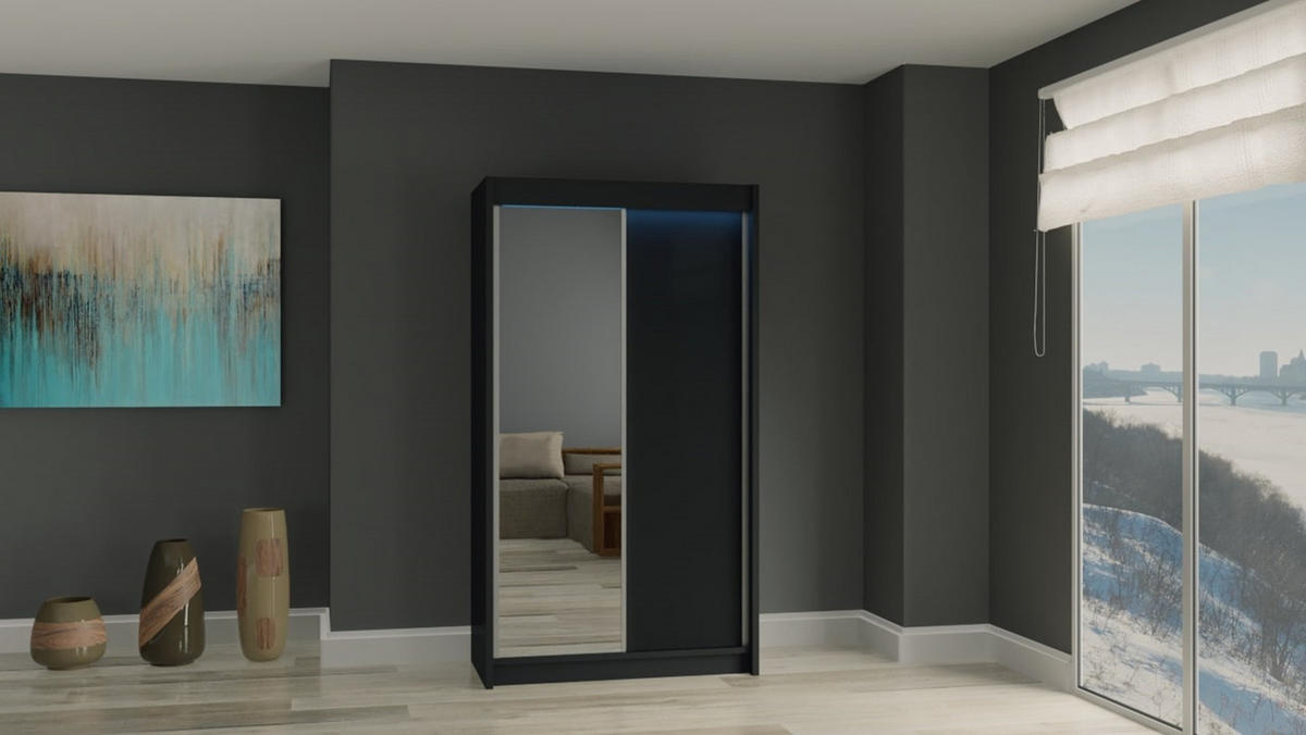 KLEIDERSCHRANK mit Spiegel-Schiebetüren und Aluminium-Leisten, LED-Beleuchtung - PARTI - 150 cm Schwarz - Schwarz, Holzwerkstoff (150/216/61cm) - ALTDECOR
