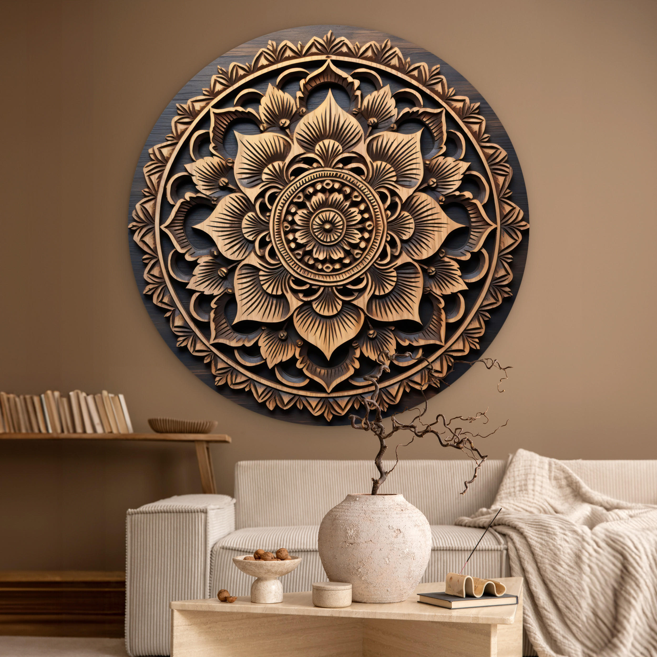 WANDBILD Mandala - Holz - Blumen - Braun 140x140 cm - Gelb, Kunststoff (140/140cm) - MuchoWow