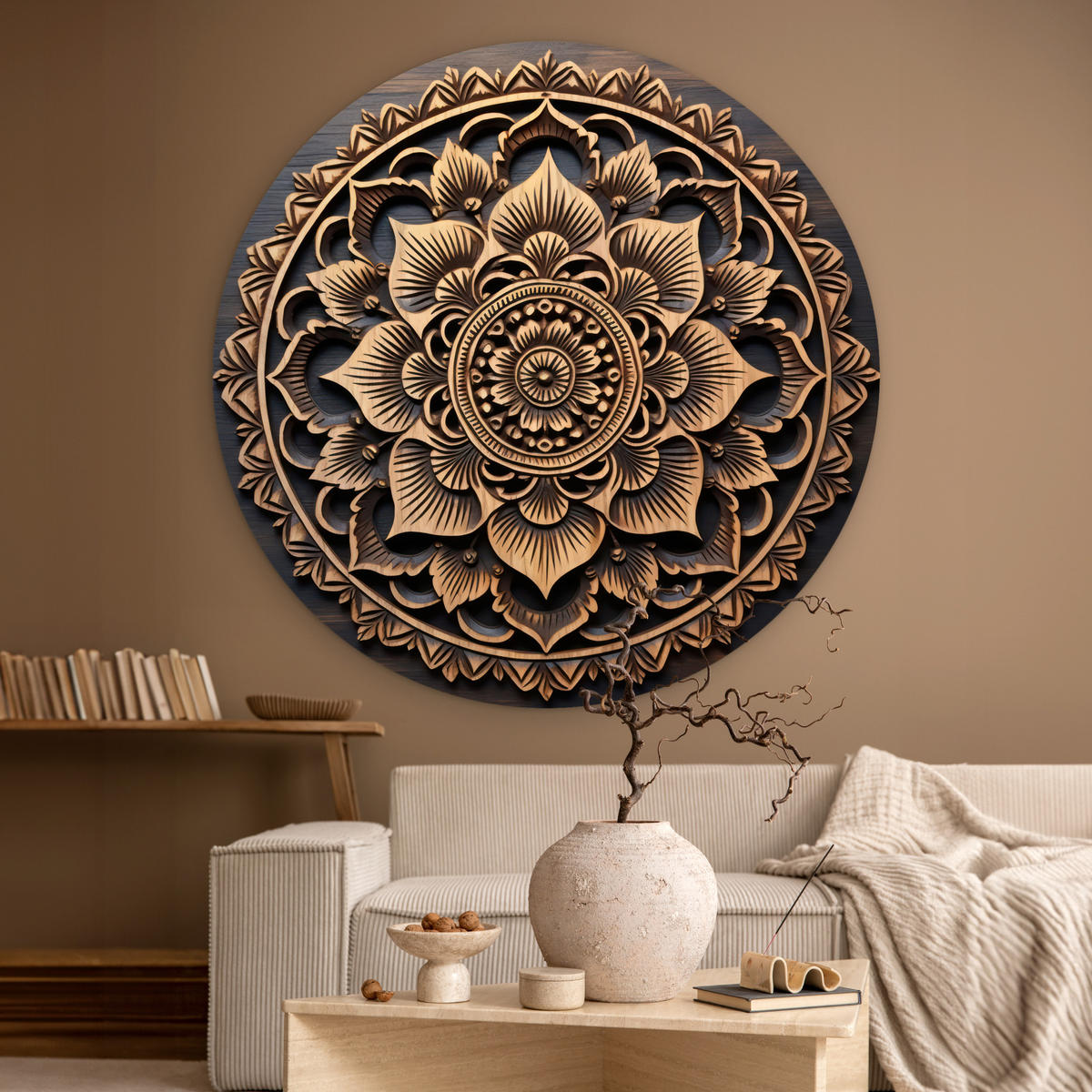 WANDBILD Mandala - Holz - Blumen - Braun 140x140 cm - Gelb, Kunststoff (140/140cm) - MuchoWow