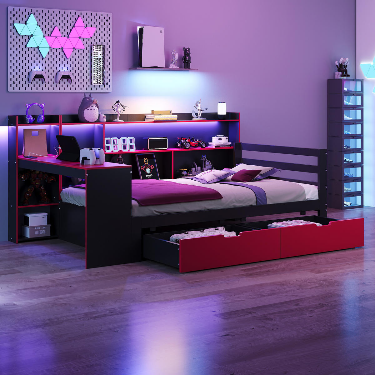 KINDERBETT 90/200 cm DE-01551, in Schwarz + Rot, mit Schreibtisch, Bücherregal und LED - Rot, Holz (90/200cm) - ComfortXL