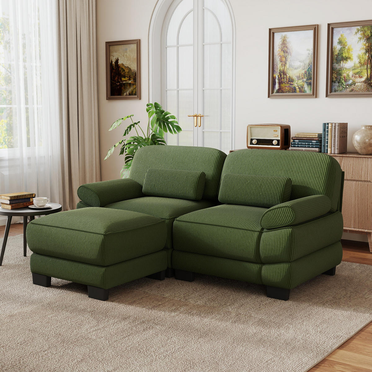 ECKSOFA 2-Sitzer L-Form mit Hocker, DE-42659, Grün - Grün, Holz (194/161cm) - ComfortXL
