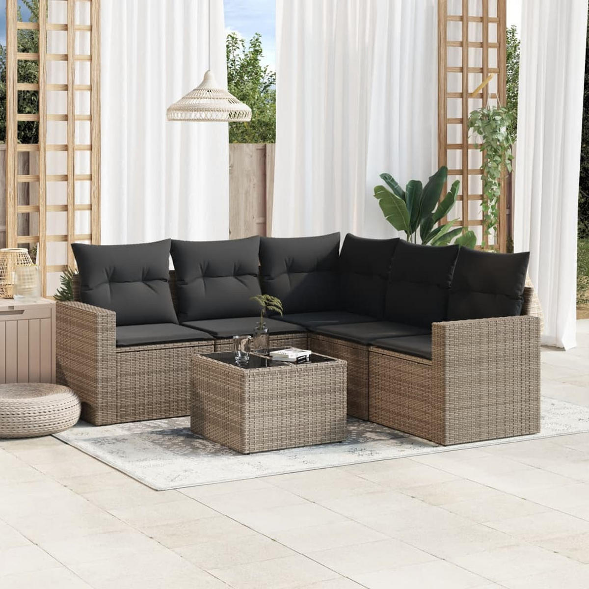 GARTEN-SOFAGARNITUR 6-TLG. Mit Kissen Grau Poly Rattan - Grau, Kunststoff - vidaXL