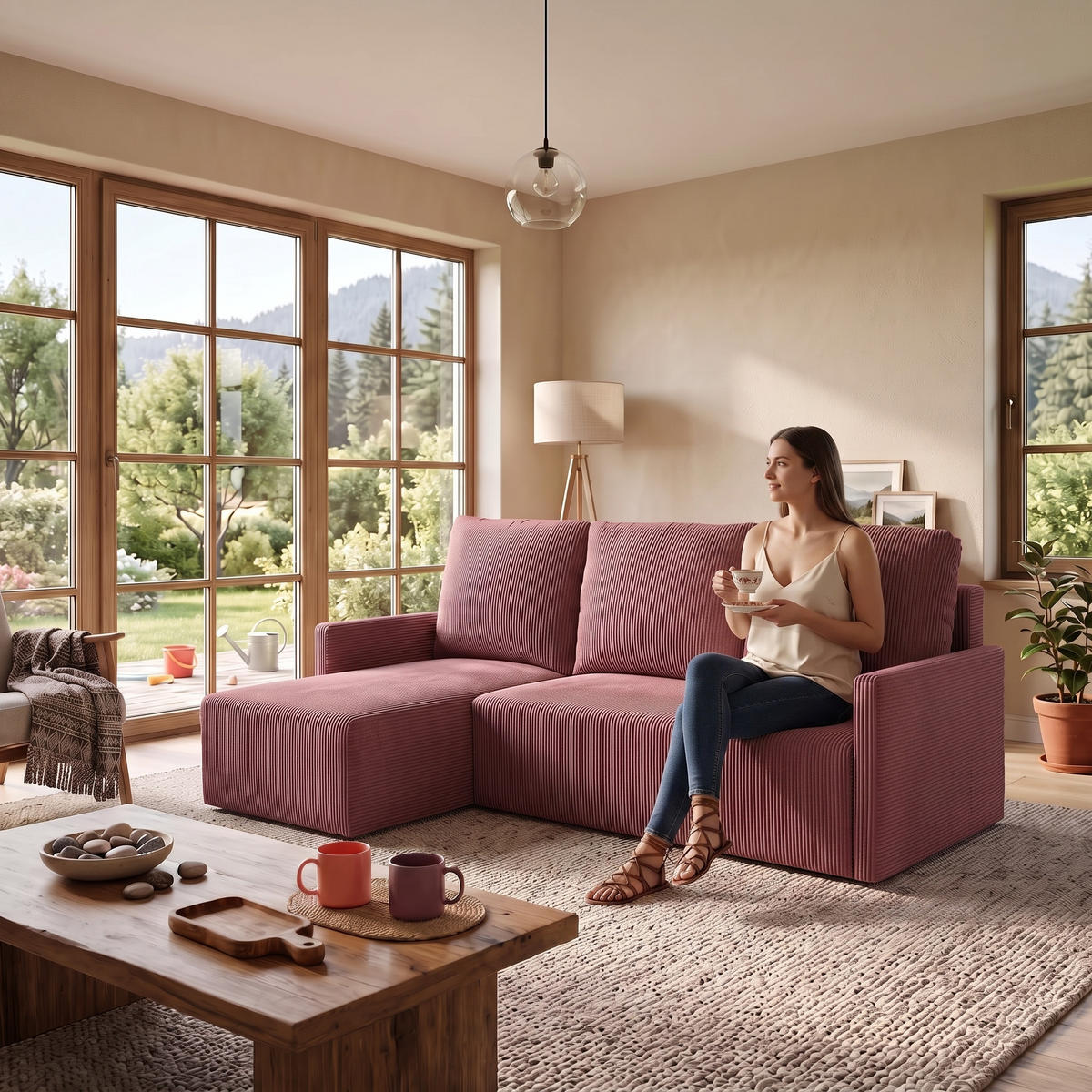 ECKSOFA GARDA L universell links/rechts montierbar mit Schlaffunktion 132x198 cm Cord Rosa - Pink/Schwarz, Holz/Kunststoff (209/145cm) - NACANAPA