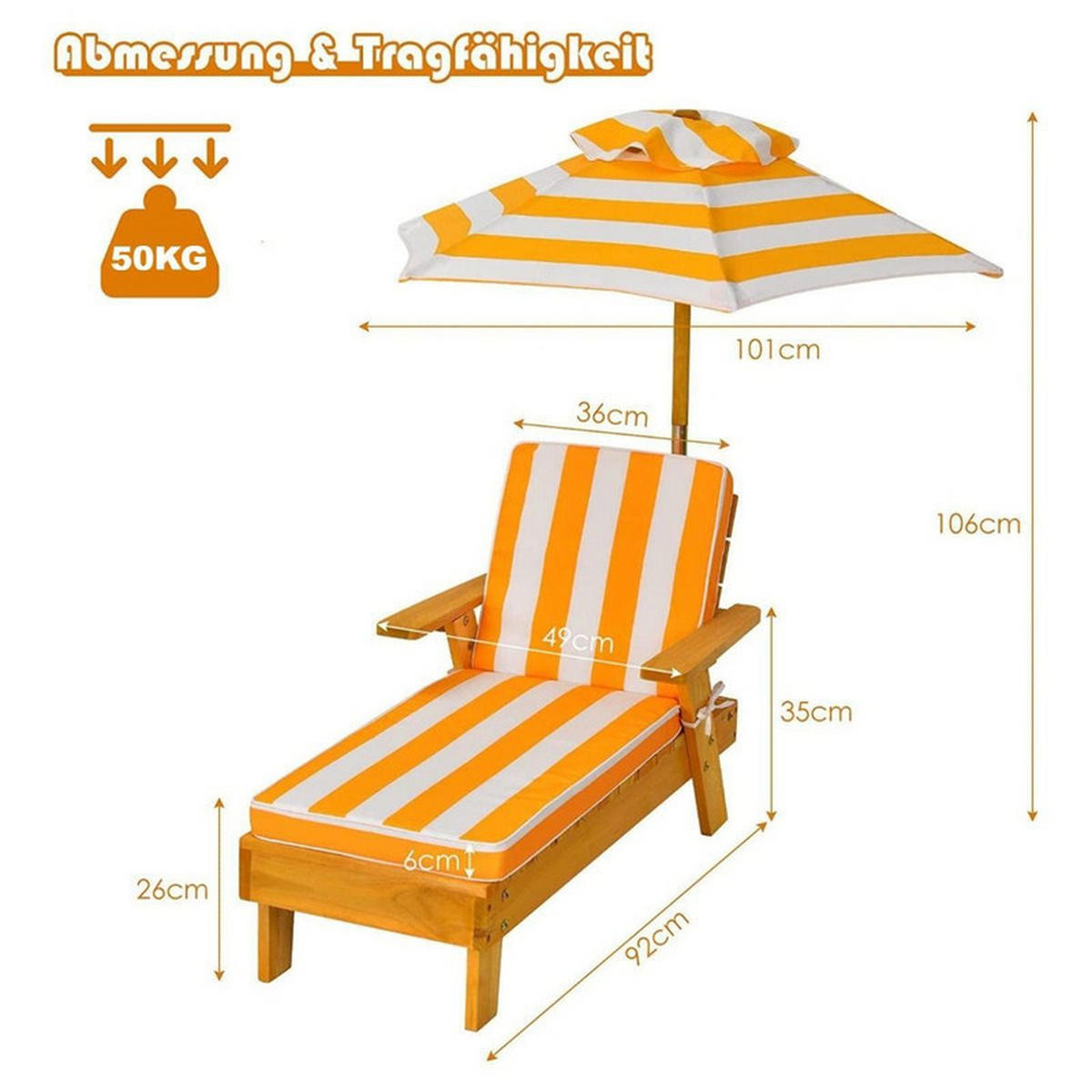 KINDER-SONNENLIEGE mit Sonnenschirm gelb - Gelb, Holz - COSTWAY