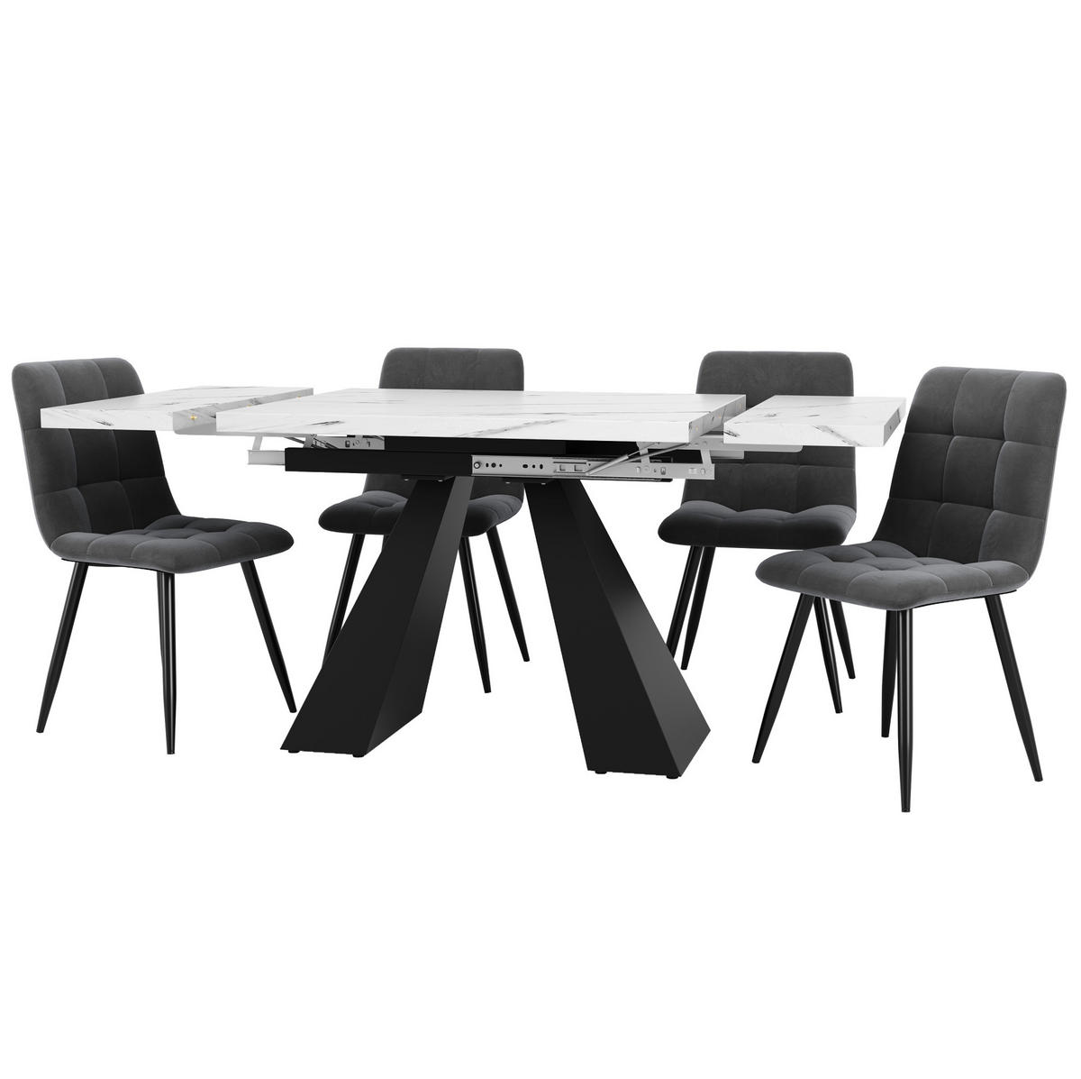 TISCHGRUPPE für 4 Personen mit 4 Polsterstühlen in Samt und Marmoroptik - Weiß, Holzwerkstoff (74/77/159cm) - BEAOK