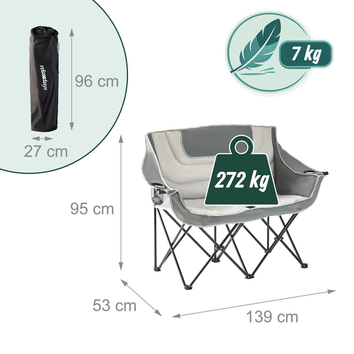 CAMPINGBANK Grau klappbar 2-Sitzer Getränkehalter - Multicolor, Kunststoff/Textil (139/95/53cm) - Relaxdays
