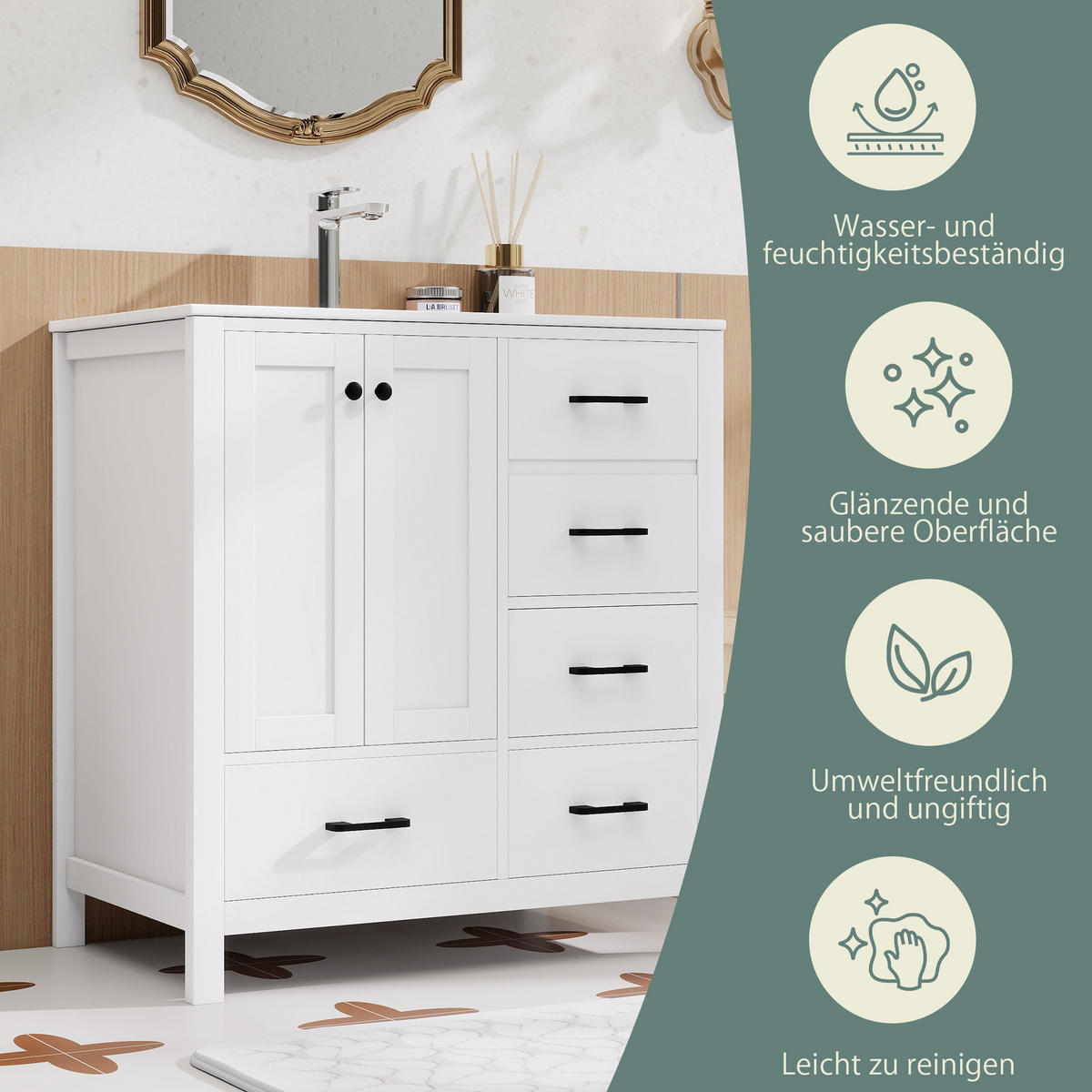 FREISTEHENDER Badezimmerschrank aus MDF und Keramik 76x46x82 cm Weiß mit Waschbecken und Stauraum - Weiß, Keramik (76/82/46cm) - Modfu