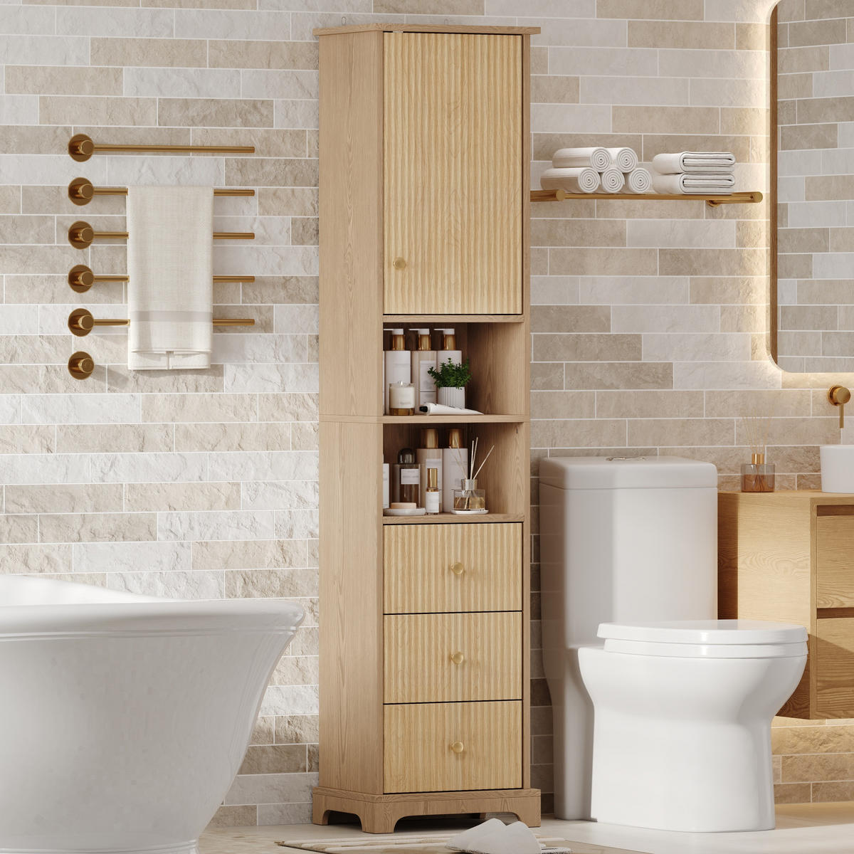 HOCHSCHRANK 40/30/172 cm Natürlich mit 2 Schubladen und 3 Schublade - Goldfarben/Naturfarben, Holz/Holzwerkstoff (30/172/40cm) - Oxeza