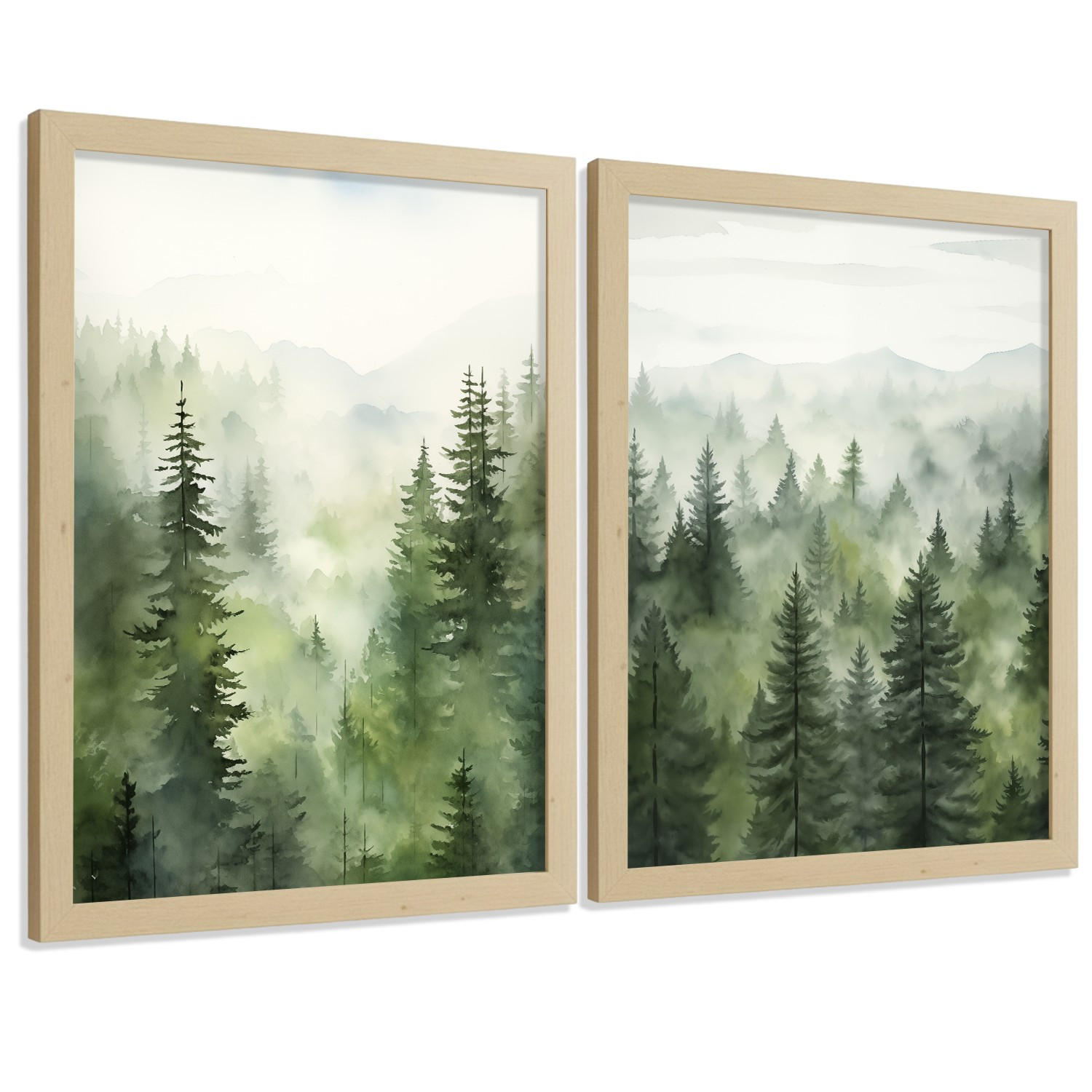 Nacnic PLAKAT Sada 2 dekorativních tisků Nordic Forest Landscape Moderní obývák Obrázky - Zelené dekorativní plakáty Dekorace Obývací pokoj A3 bez rám