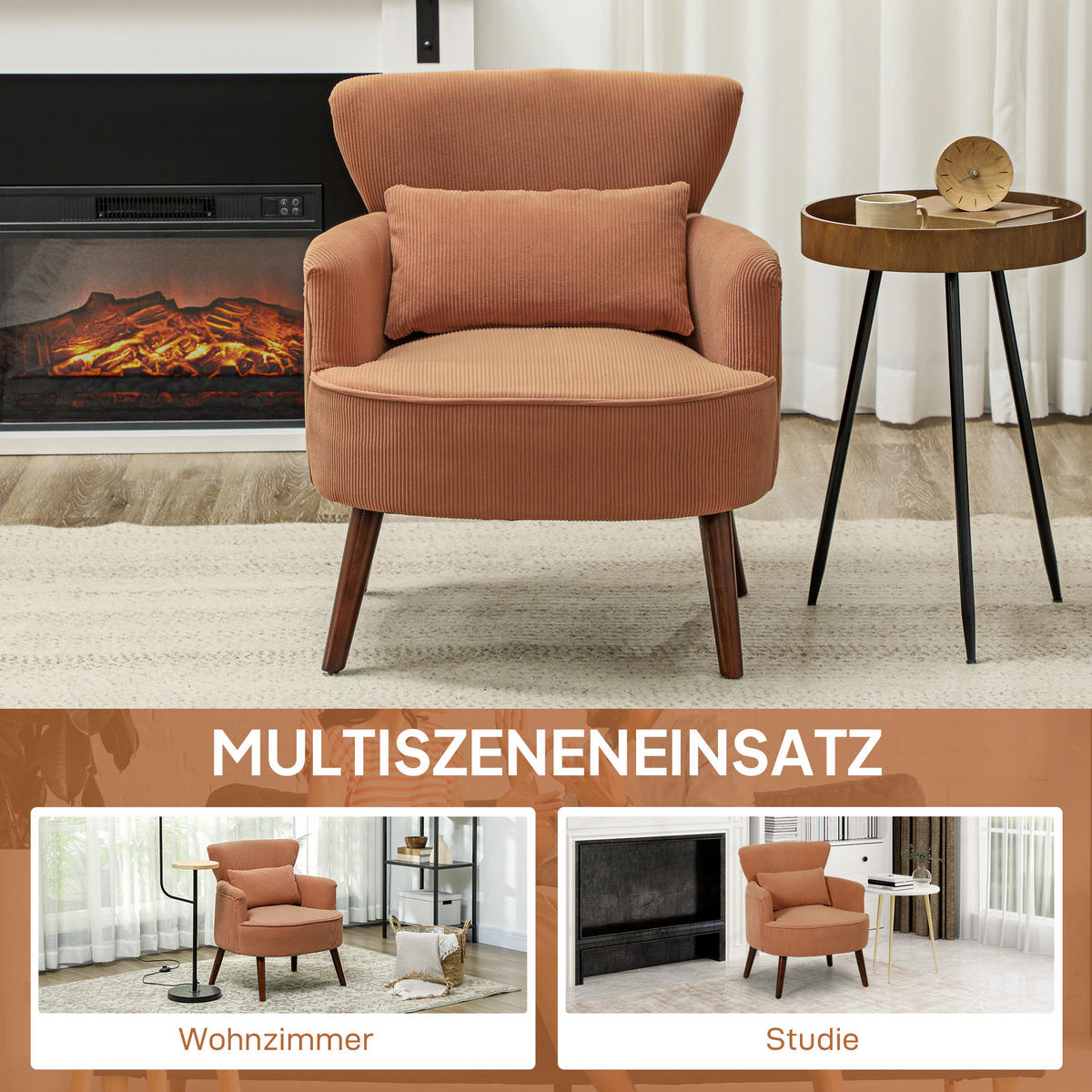 SESSEL mit Rückenlehne, abgerundeten Armlehnen Gepolstert Loungesessel Kordoptik - Orange/Braun, Textil (69/78/69.5cm) - HOMCOM