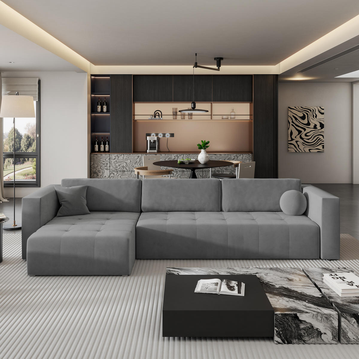 ECKSOFA OLVERA Grau Plüsch-Stoff mit Schlaffunktion - Grau, Holz (347/148cm) - MASSENO