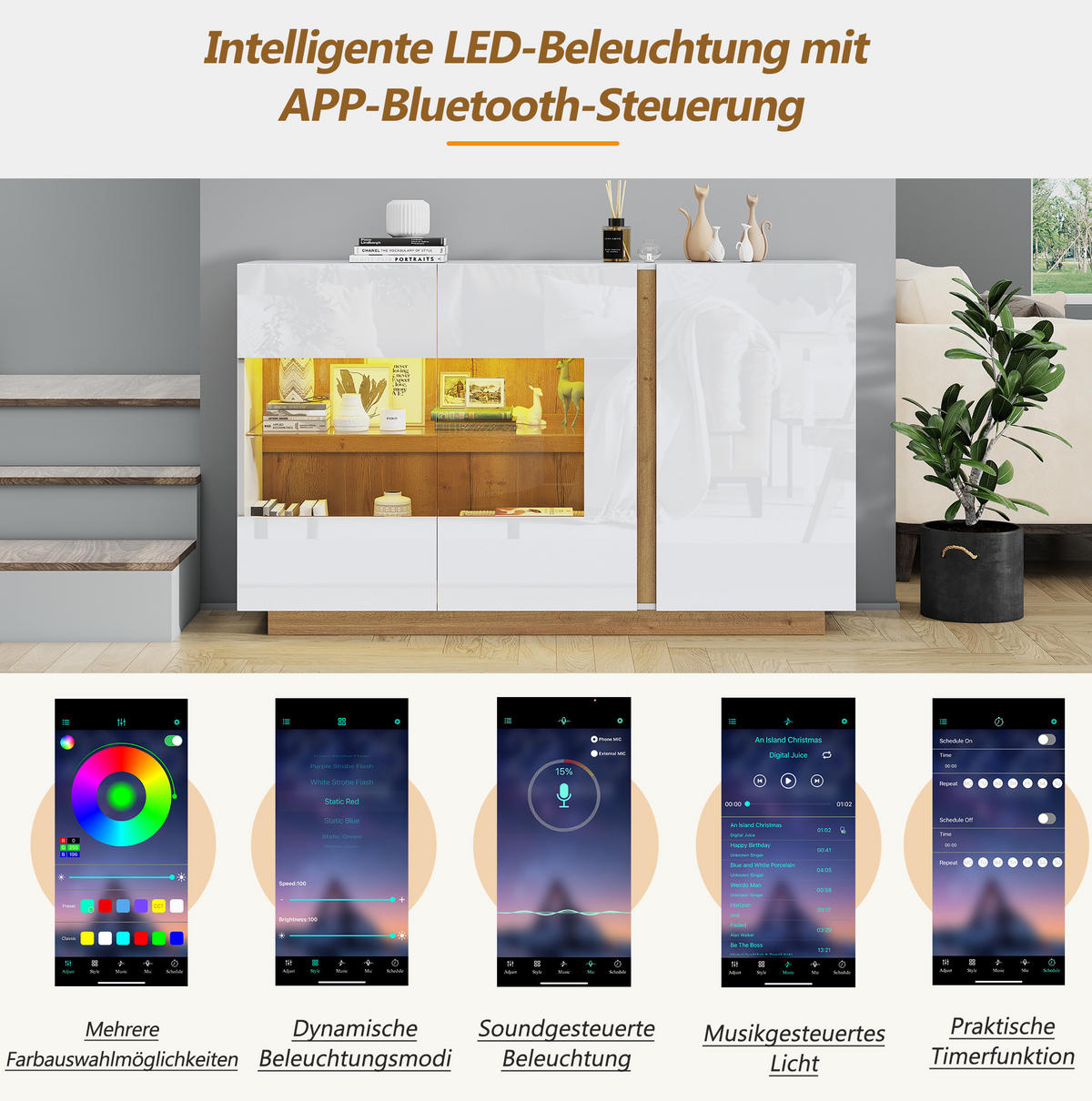 SIDEBOARD 138/38,5/90,5 cm in Weiß Hochglanz mit 3 Türen und LED-Beleuchtung - Weiß, Holzwerkstoff (138/90.5/38cm) - Flora Grace