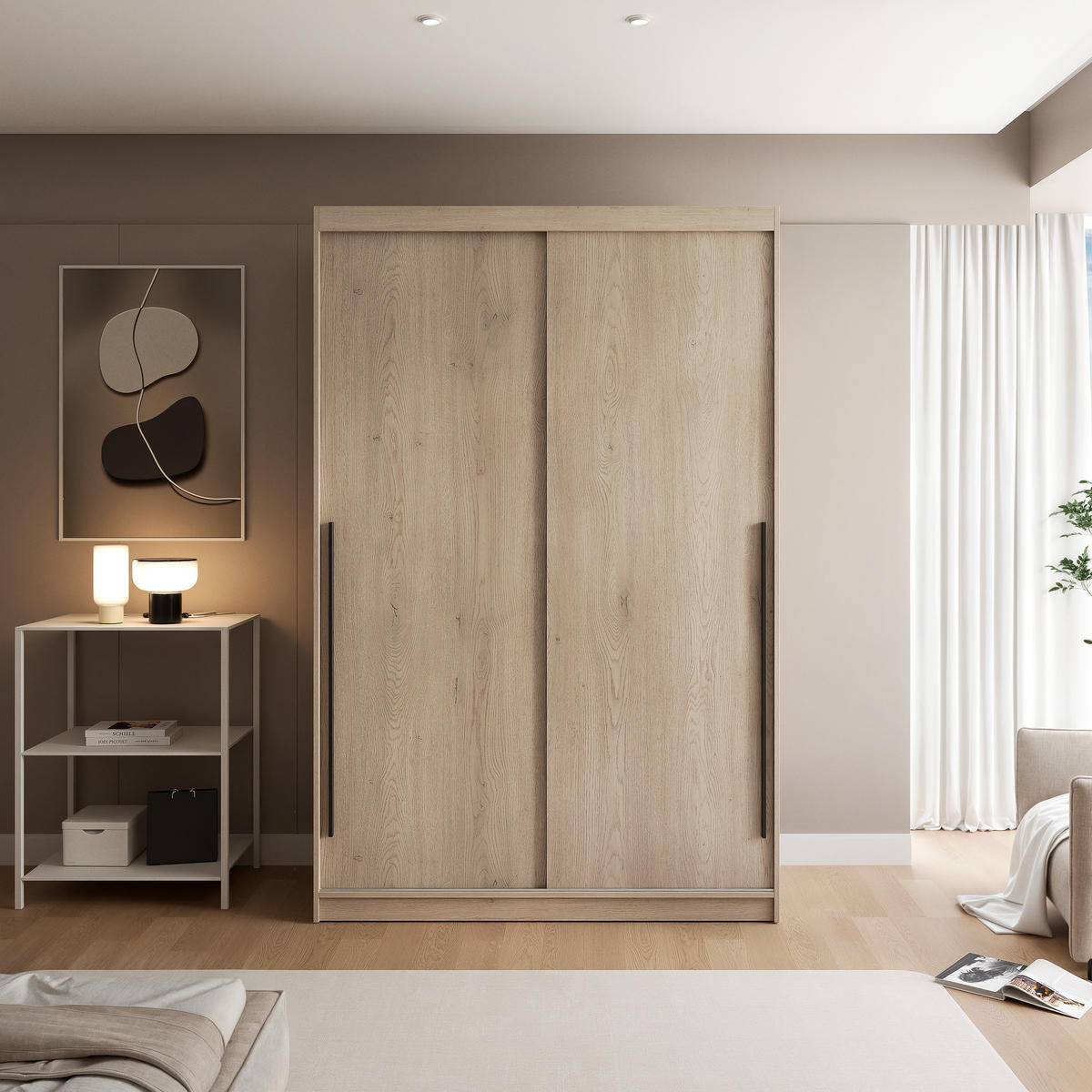 SCHIEBETÜRENSCHRANK SILENTE 140 cm mit Einlegeböden und Kleiderstange - Braun, Holzwerkstoff (140/205/60cm) - Idohome