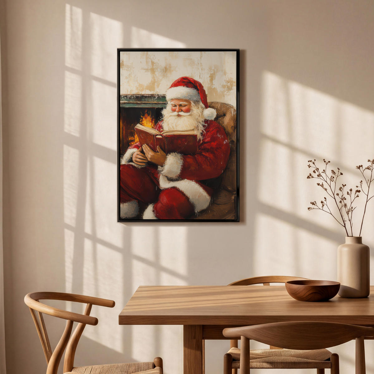 LEINWAND Bilder mit Rahmen - Weihnachten - Weihnachtsmann - Winter - Open Fireside - 60x90 - Dunkelrot, Textil (60/90cm) - MuchoWow