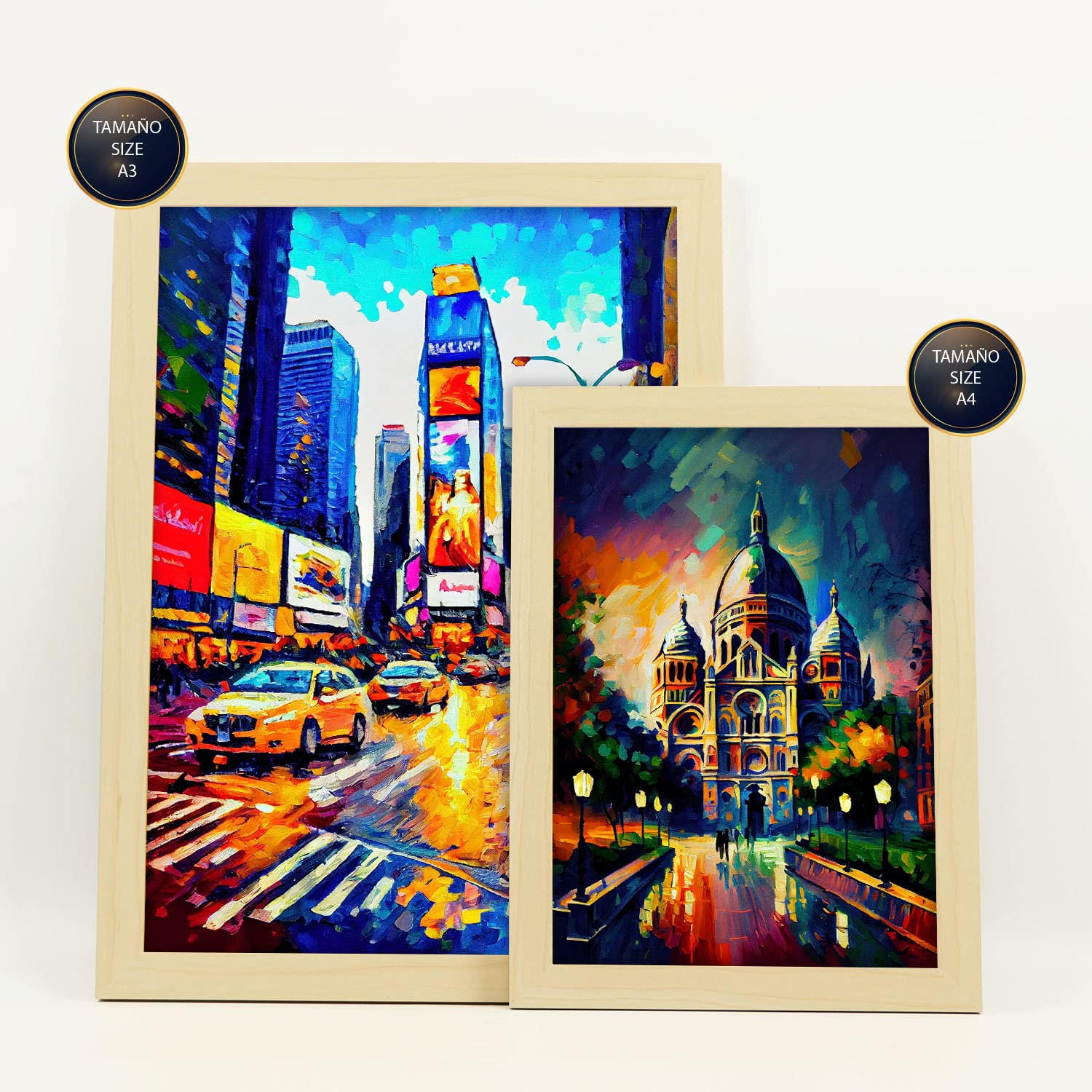 POSTER Set Mit 6 Menschengemacht Im Ölgemälde A3 & A4 Rahmen Aus Hellem Holz - Beige, Papier (29/3cm) - Nacnic