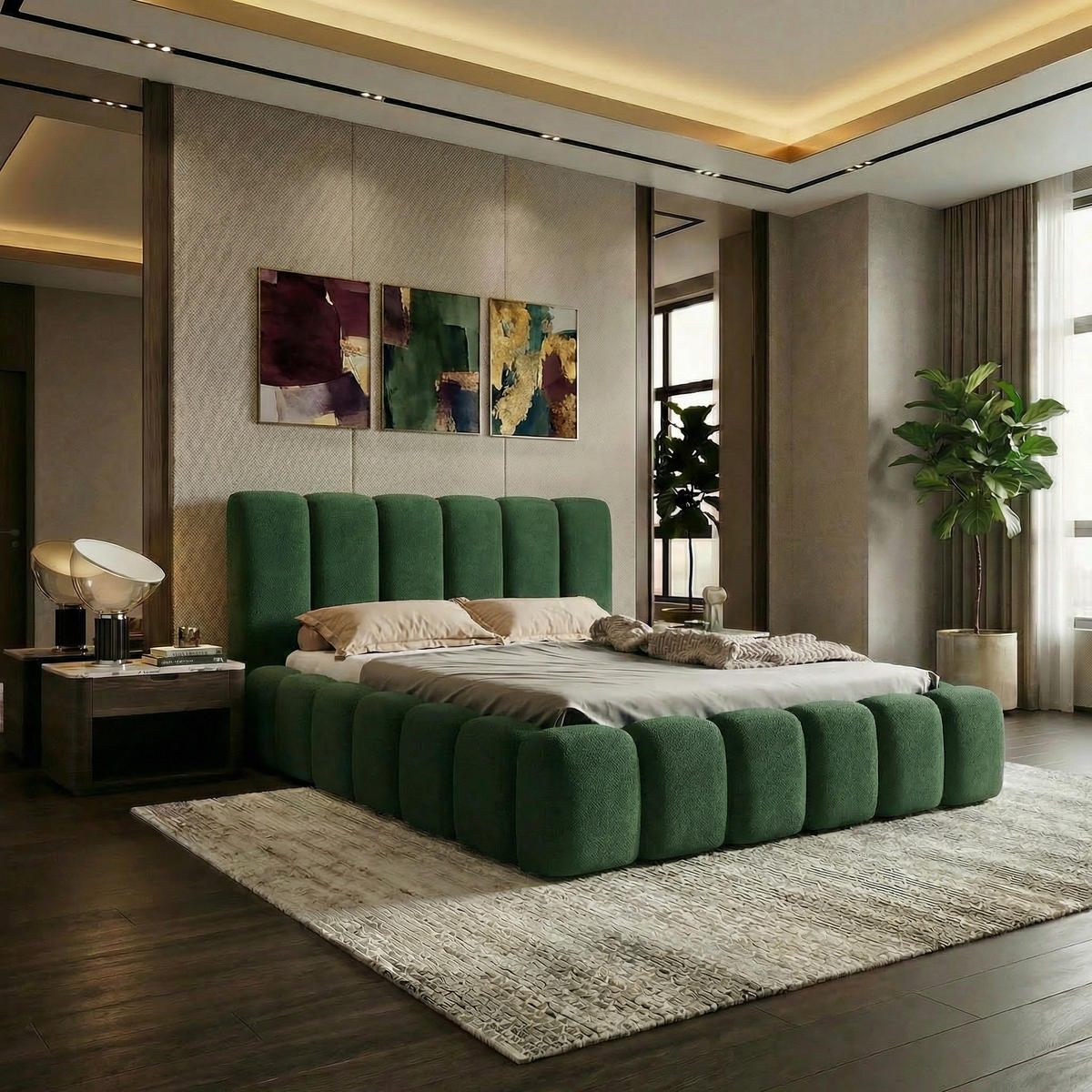 POLSTERBETT VELORA 140x200cm mit Bettkasten & Metallgestell - Bouclé Stoff GRÜN GERRA - Grün, Textil - Luxkor24