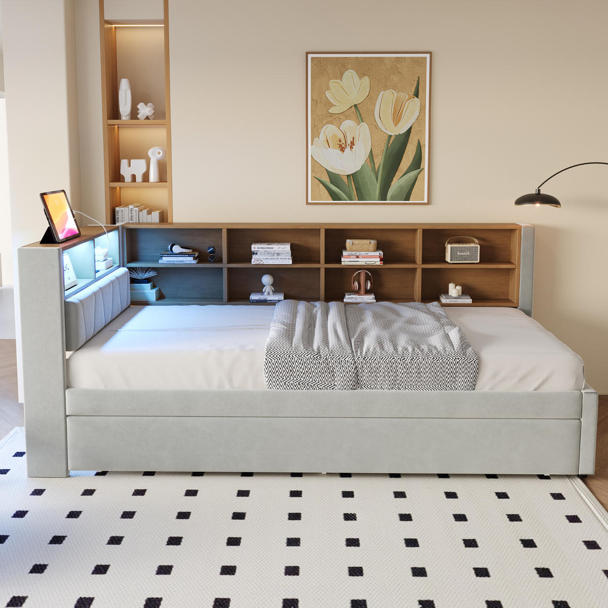 BETT 90/200 cm mit Ausziehbett 90/190 cm, LED, USB- und Type-C-Anschluss, Stauraum, Flanell, Hellgrau - Hellgrau, Textil (90/200cm) - Redom