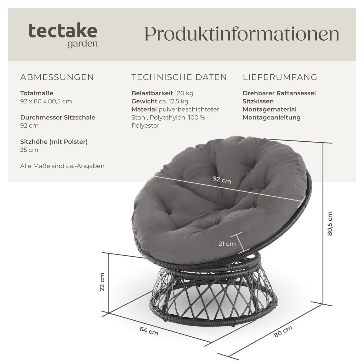 RATTANSESSEL Gargano, 92 x 80 x 80,5 cm, schwarz - Schwarz, Kunststoff (80/80.5/92cm) - tectake