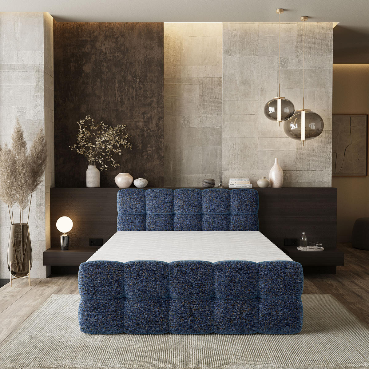 BOXBETT BRUME 140x200 cm mit Matratze und Topper, H2+H3 - Blau - Blau, Holz (140/200cm) - MASSENO