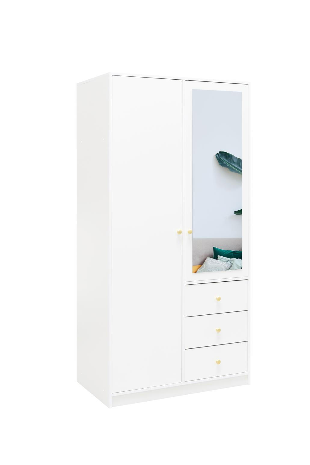 KLEIDERSCHRANK Rainbow Weiß, zweitüriger Drehtürenschränk mit Spiegel und Schubladen - Weiß, Holzwerkstoff (100/200/58cm) - Bettso