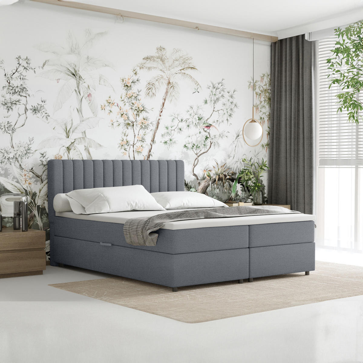 BOXBETT Everest grau 160 x 200 cm Doppelbett mit hochwertiger Bonell-Matratze und Topper - Dunkelgrau, Holz (160/200cm) - Panda Möbel
