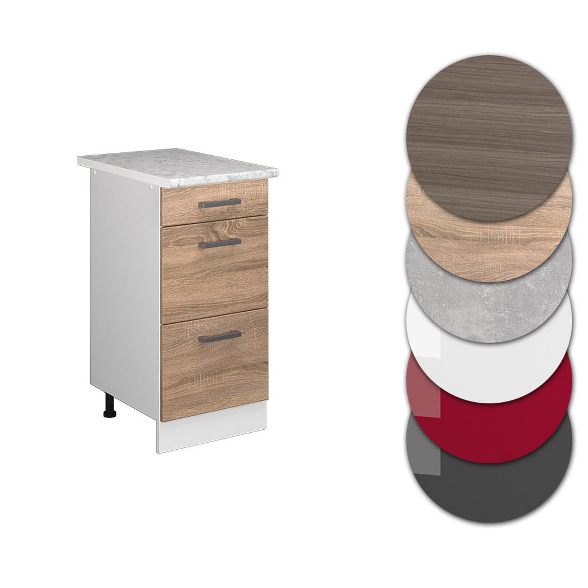 KÜCHENSCHRANK R-Line Sonoma 40 cm mit Schubladen, AP Marmor - Weiß/Sonoma Eiche, Holzwerkstoff (40/81.6/60cm) - Vicco
