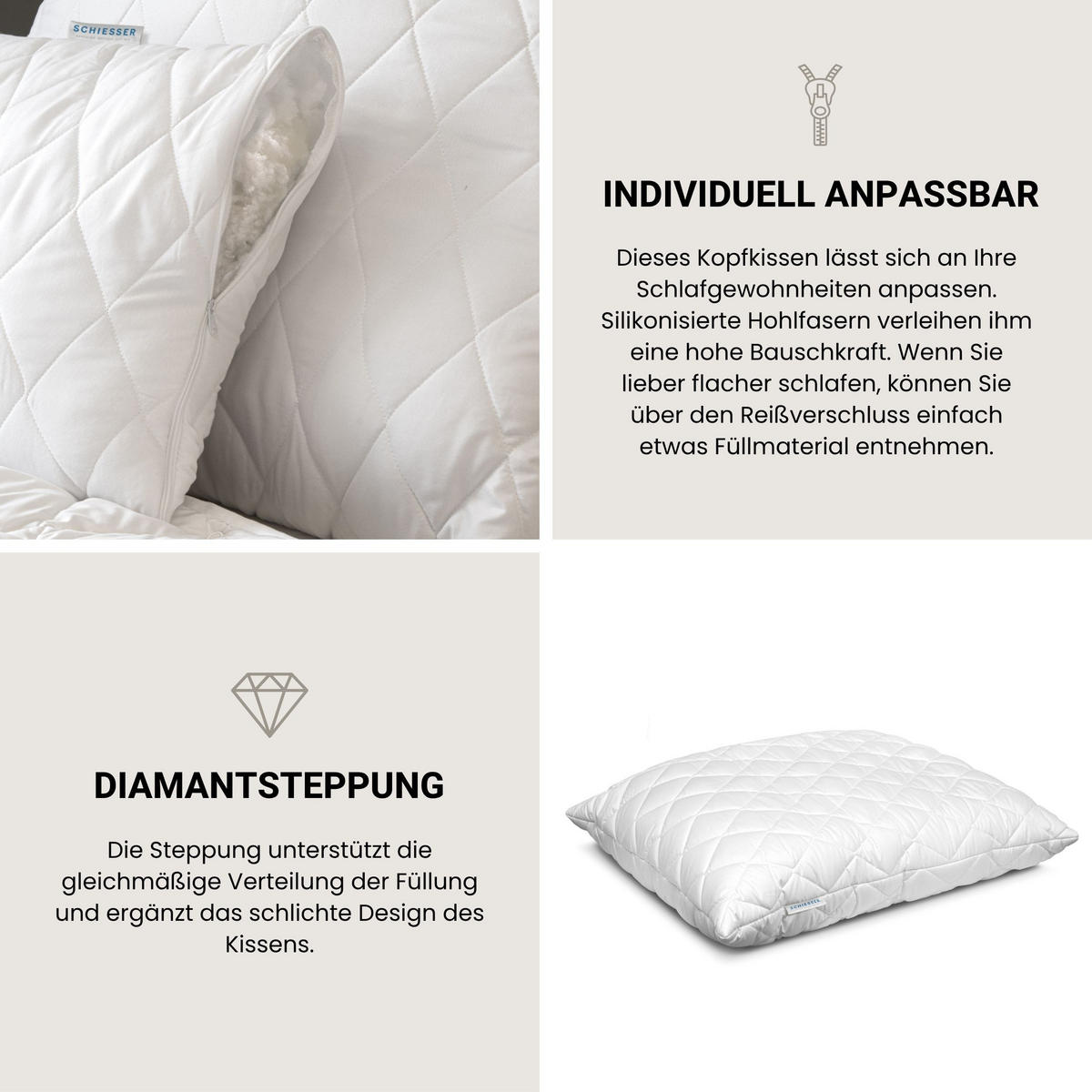 KOPFKISSEN Hygge - Mikrofaserbezug - Füllung aus silikonisierter Polyester-Hohlfaser - 80x80 cm - Weiß - Weiß, Textil (80/80cm) - SCHIESSER