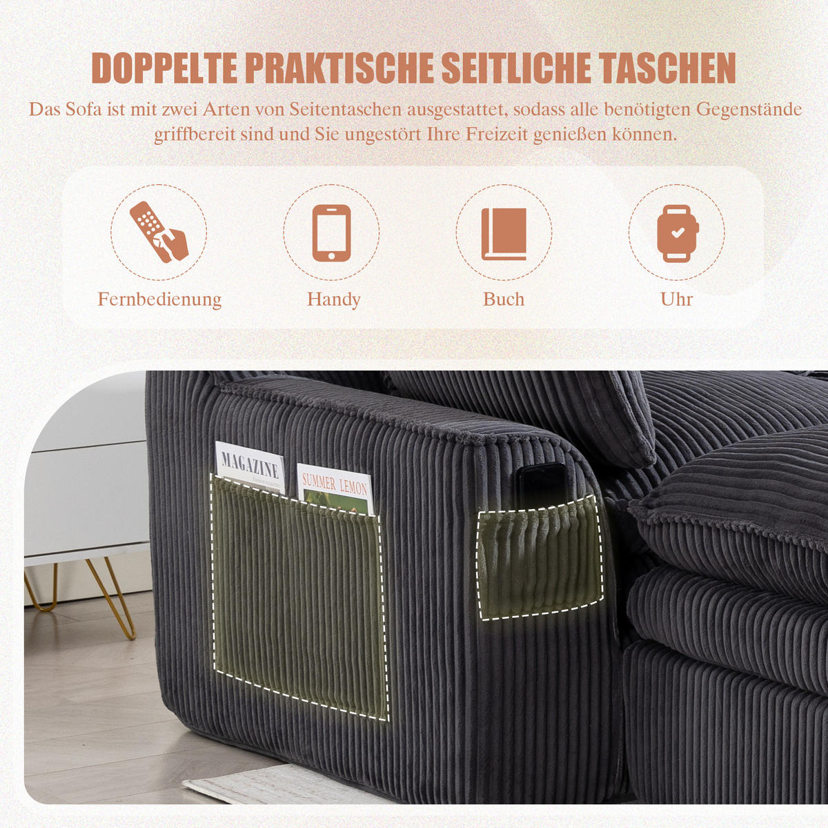 3-SITZER ECKSOFA Cord Dunkelgrau mit Kissen, Hocker und Seitentaschen - Dunkelgrau, Textil (263/167cm) - WISHDOR