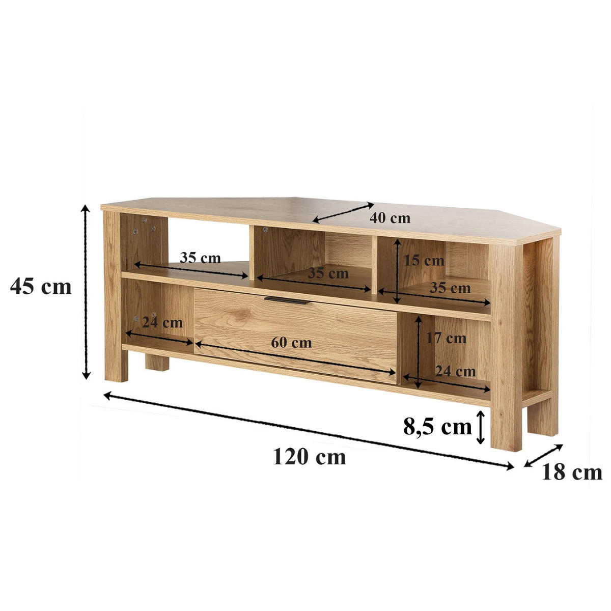 ECK-TV-MÖBEL 1 Schublade Eiche Dekor - L120 cm - Eschefarben, Holzwerkstoff (40/45/43cm) - Calicosy