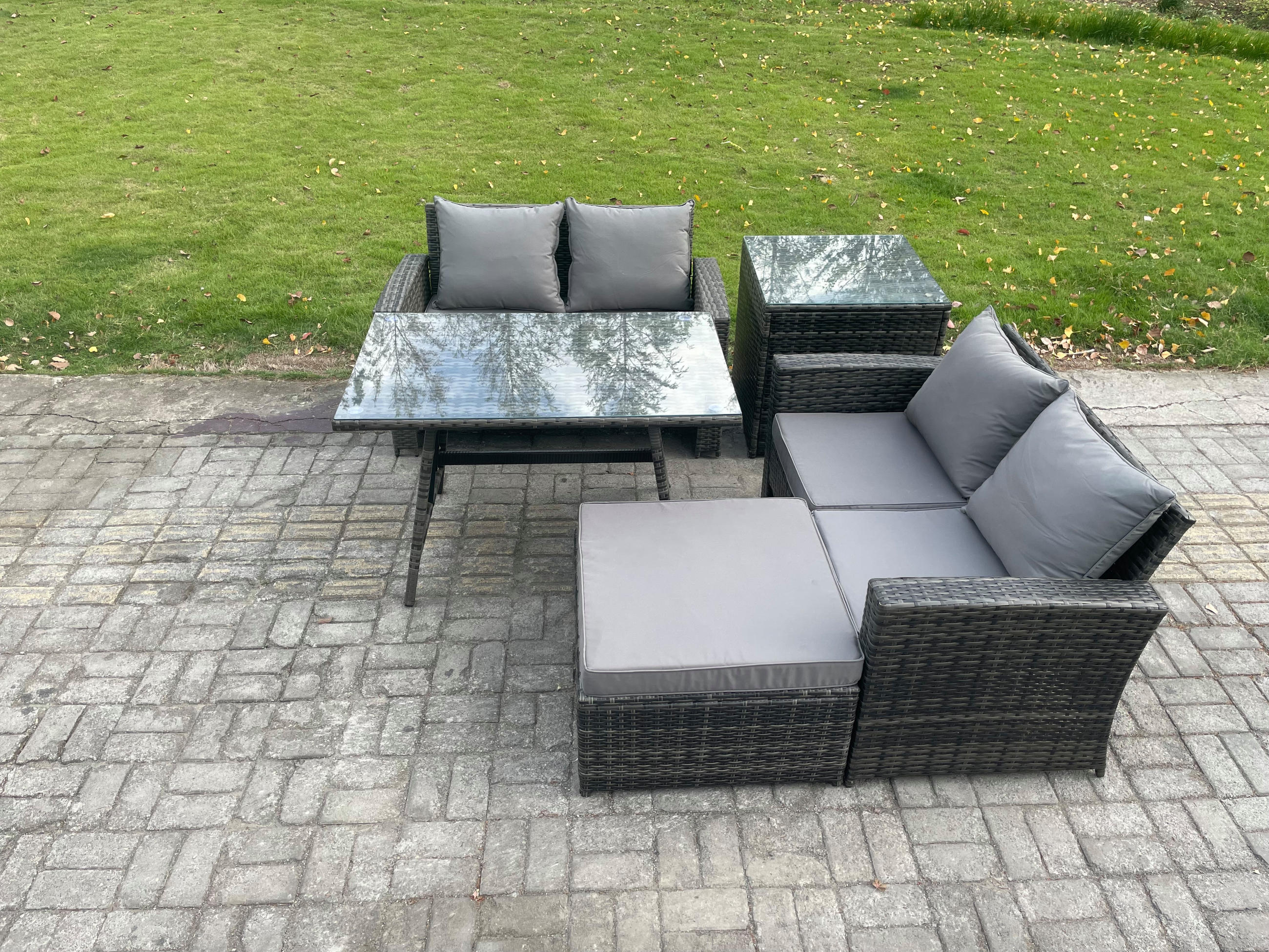 GARTENMÖBELSET mit ESSTISCH,HOCHLEHNER-SOFA Polyrattan Dunkelgrauer Mix 5-Sitzer - Dunkelgrau/Grau, Glas/Kunststoff - Fimous