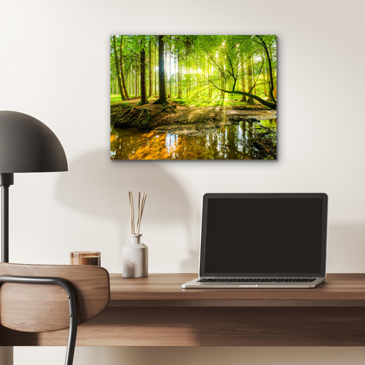 METALLBILD Wald - Landschaft - Wasser - Bäume - Sonne - Grün - Natur 40x30 cm - Grün, Metall (40/30cm) - MuchoWow