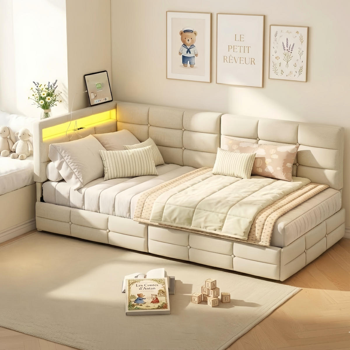 TAGESBETT 90x200 cm mit 2 Schubladen und LED - Gepolstertes Einzelbett aus Leinen mit USB-Anschluss und Lattenrost - Kinder- und Jugendbett - Beige - Beige, Holzwerkstoff (90/200cm) - Brevoria