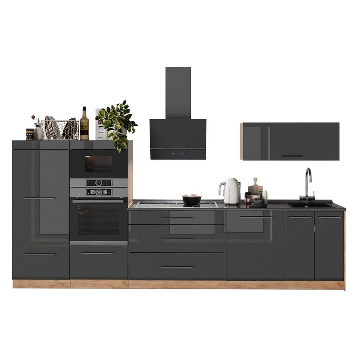 KÜCHENZEILE Fame-Line, Anthrazit Hochglanz/Goldkraft Eiche, 340 cm, AP Eiche - Eichefarben/Anthrazit, Holzwerkstoff (340/153.6/60cm) - Vicco