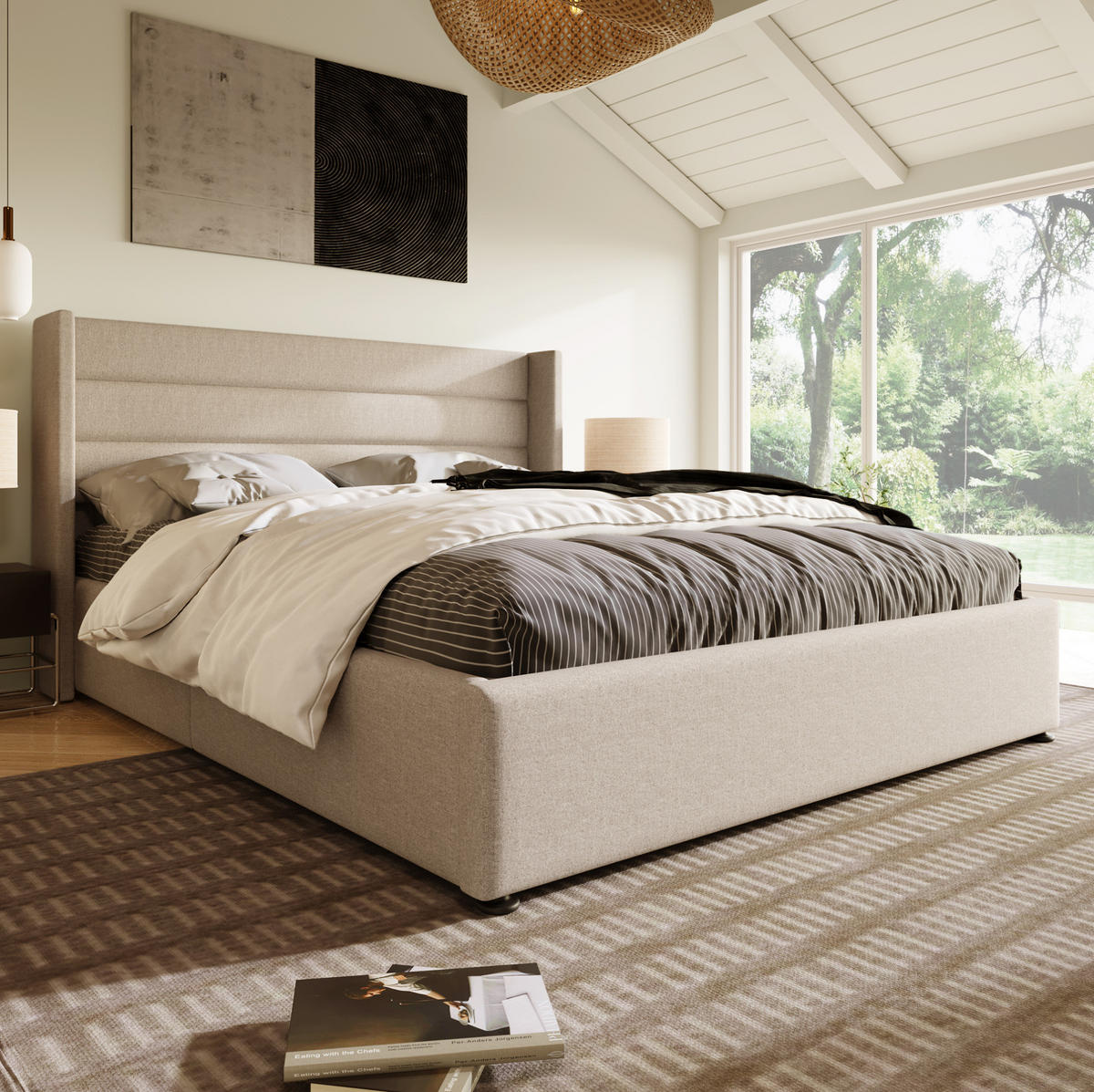 BETT mit Bettkasten 140x200 cm Leinen Beige inkl. Matratze - Beige, Metall (140/200cm) - Meubliv