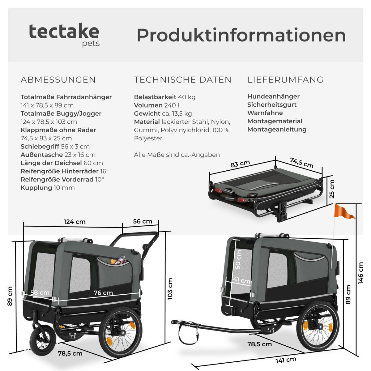 HUNDEANHÄNGER Woofrider,inklusive Reflektoren, Leine und Warnfahne,grau - Grau, Metall (78.5/89/141cm) - tectake