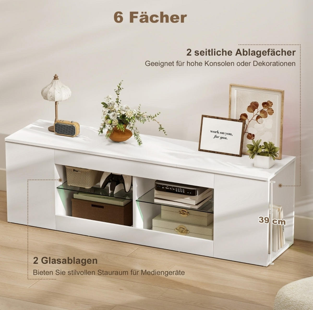 TV-LOWBOARD aus Spanplatte und Glas 140x35x42 cm Weiß mit 6 Fächern - Weiß, Glas (140/42.5/35cm) - IVMEU