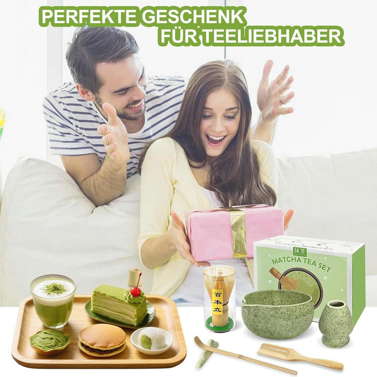 MATCHA Set 6-teiliges Set mit Bambusbesen und Schale - Grün, Keramik (115/108/130cm)
