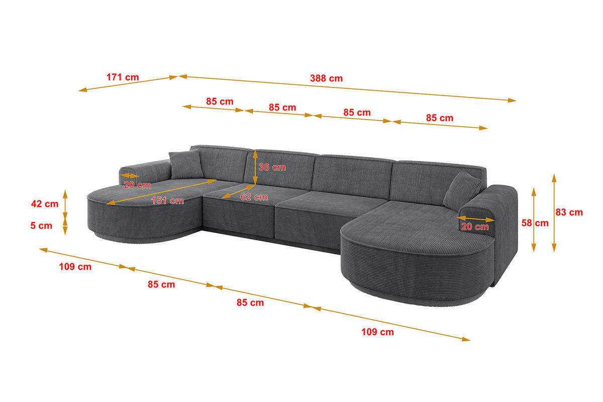 WOHNLANDSCHAFT MARI-U2-v3 - 388x171x83 cm Dunkelgrau Cord - Dunkelgrau/Schwarz, Holzwerkstoff/Kunststoff (388/83/171cm) - ALTDECOR