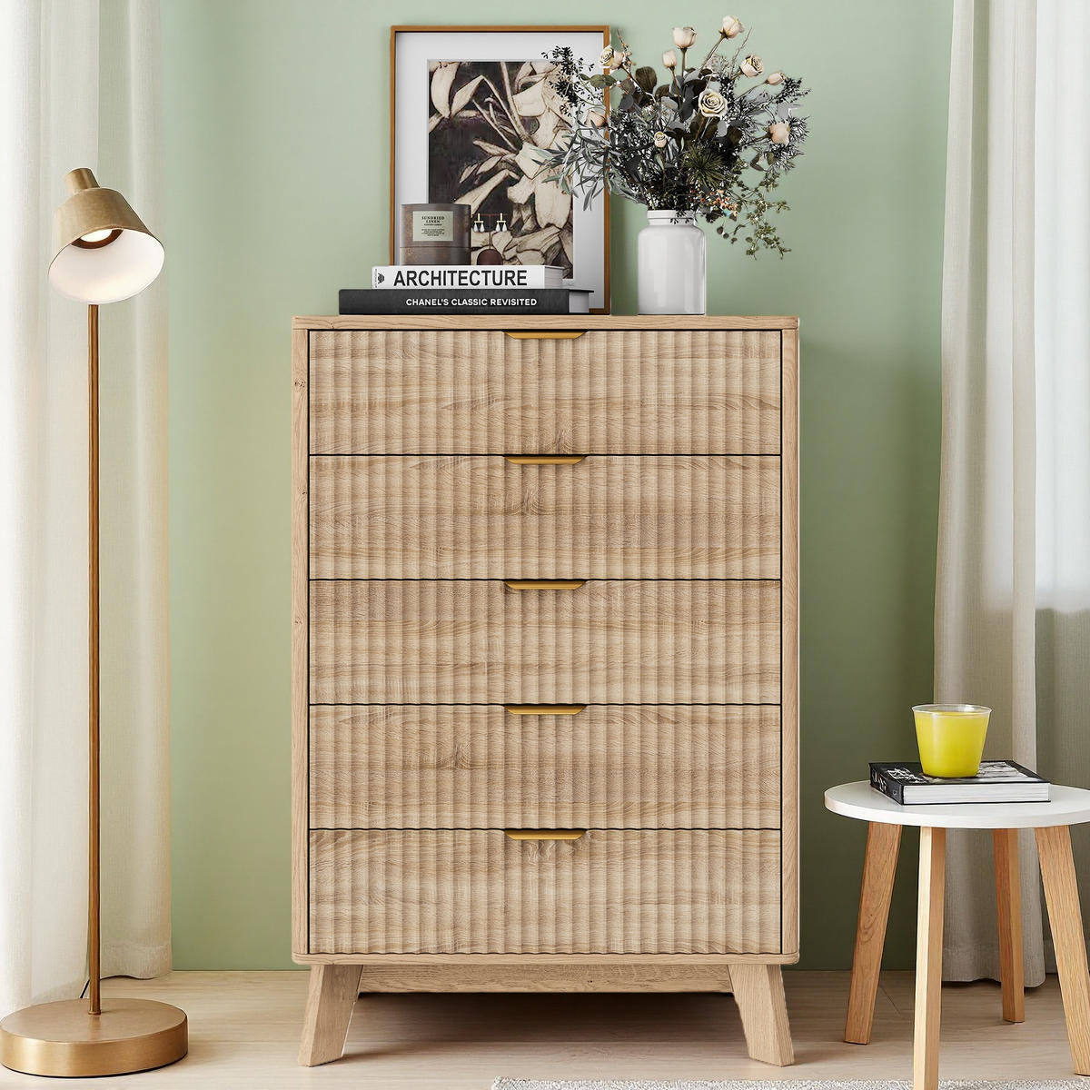 KOMMODE 5 Schubladen Holzoptik, Rillenstruktur, Goldgriffe - Eichefarben, Holzwerkstoff (40/108/73cm) - SHOPENTRA