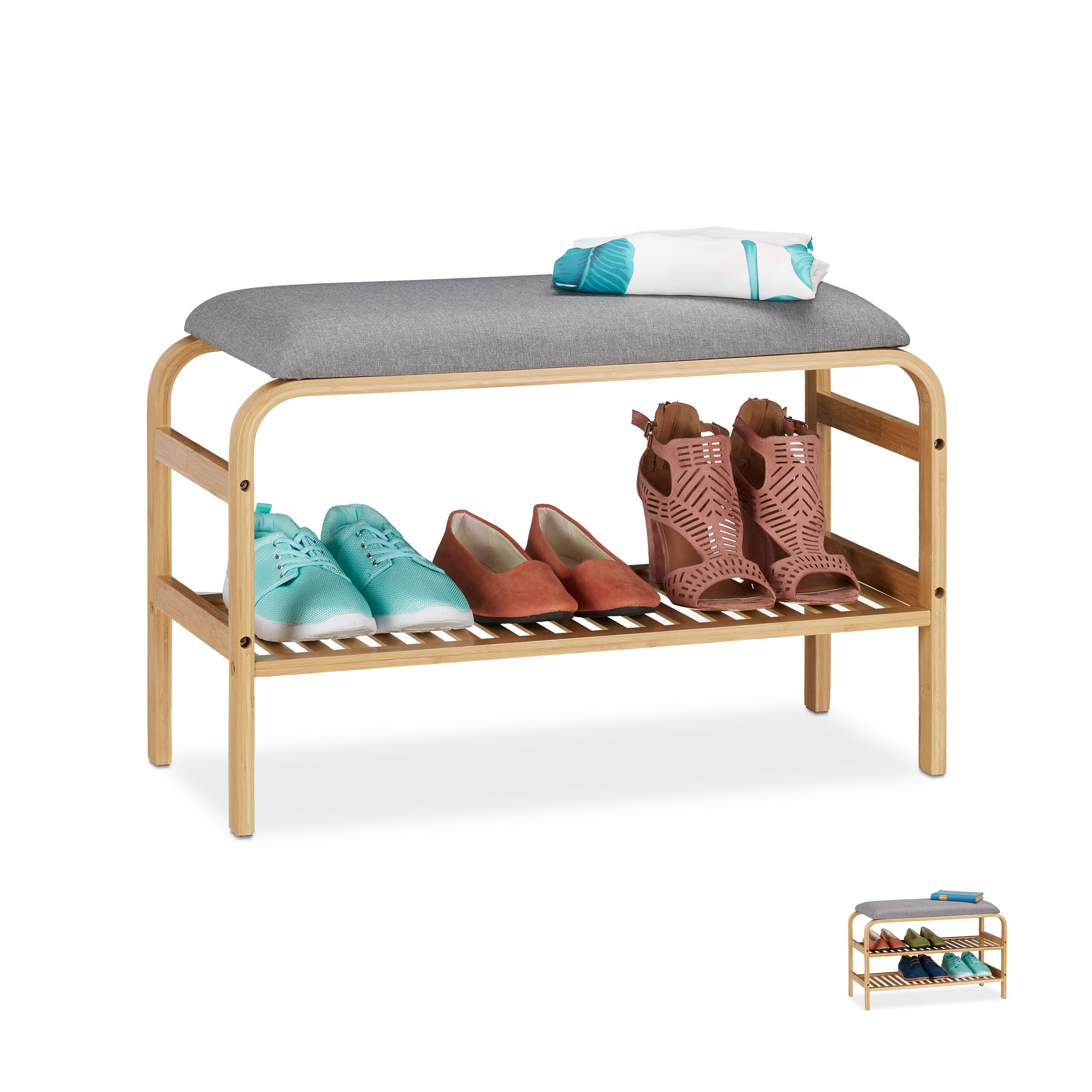 SCHUHBANK - Hellbraun, Holz/Textil (69/46/30cm) - Relaxdays