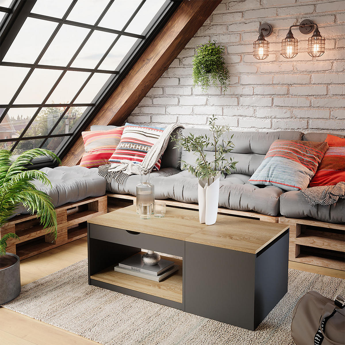 COUCHTISCH Avela Schwarz 110 x 110 cm - Schwarz/Sonoma Eiche, Holzwerkstoff (110/55/54cm) - Vicco