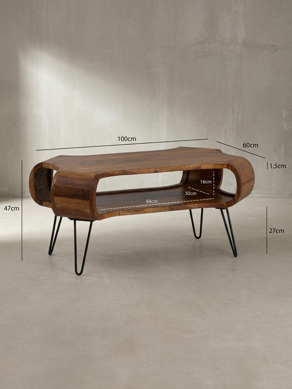 COUCHTISCH Rechteckig in Massivholz und Metall 100x60x47cm mit Stauraum und Haarnadelbeinen - Schwarz/Braun, Holz/Metall (60/100/47cm) - KADIMA DESIGN