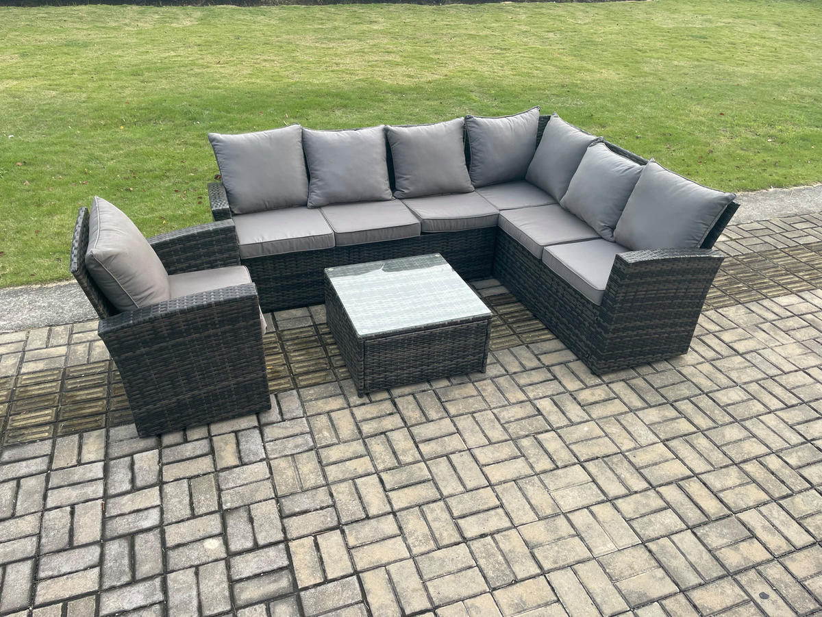 LOUNGEGARNITUR mit Couchtisch Sofa Polyrattan Dunkelgrau 7-Sitzer - Dunkelgrau/Grau, Glas/Kunststoff - Fimous